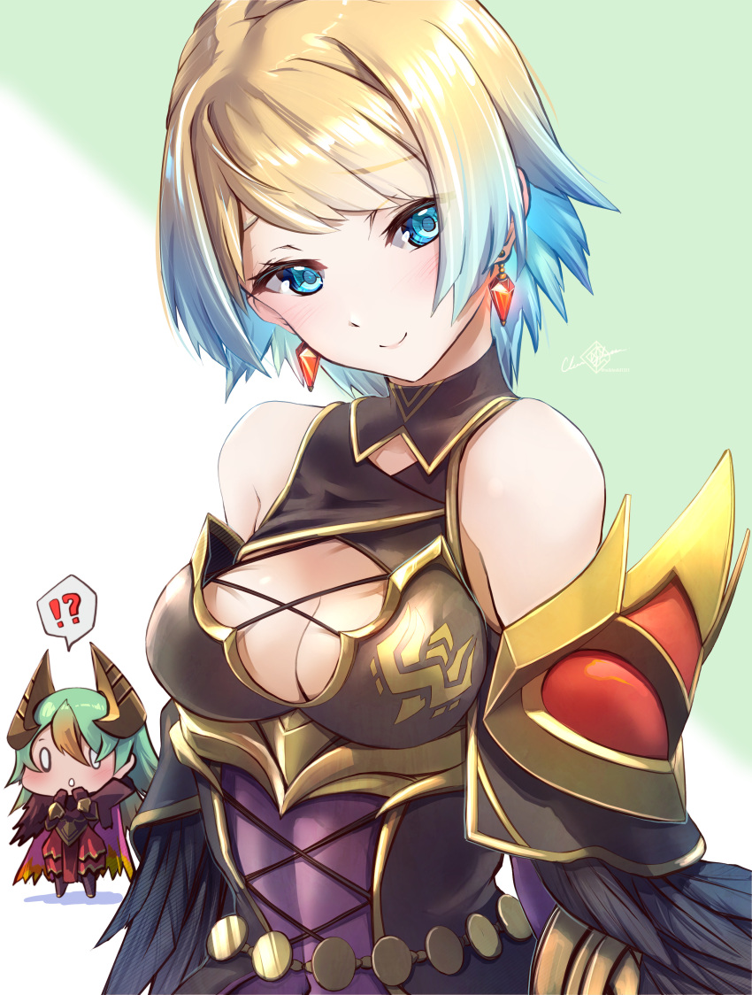 2girls absurdres alternate_costume armor black_feathers blonde_hair blue_eyes blue_hair breasts cape chibi clear_glass_(mildmild1311) cleavage cosplay covering_own_mouth earrings feather_sleeves feathers fire_emblem fire_emblem_heroes fjorm_(fire_emblem) green_hair highres jewelry laegjarn_(fire_emblem) laegjarn_(fire_emblem)_(cosplay) laegjarn_(flame_ascendant)_(fire_emblem) looking_at_viewer medium_breasts multicolored_hair multiple_girls o_o open_mouth shoulder_armor smile two-tone_hair watermark