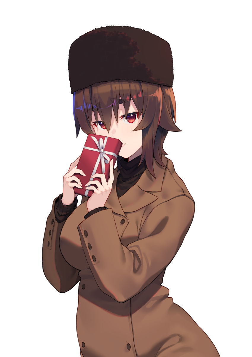 absurdres black_headband black_shirt brown_coat brown_hair closed_mouth coat commentary female fur_hat gift hat headband highres holding holding_gift hoshinomiya_nayuki kimi_tsuru long_sleeves looking_at_viewer original red_eyes shirt short_hair simple_background smile solo standing trench_coat ushanka valentine white_background