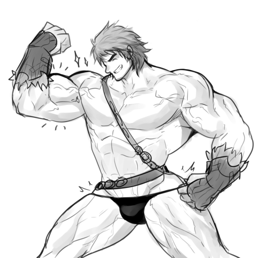 1boy abs bad_id bad_pixiv_id bara cowboy_shot fate/grand_order fate_(series) flexing greyscale hunterkay large_pectorals male_focus male_underwear monochrome muscular muscular_male orion_(bear)_(fate) pectorals pose smile solo super_orion_(fate) thick_eyebrows thighs topless_male underwear vambraces