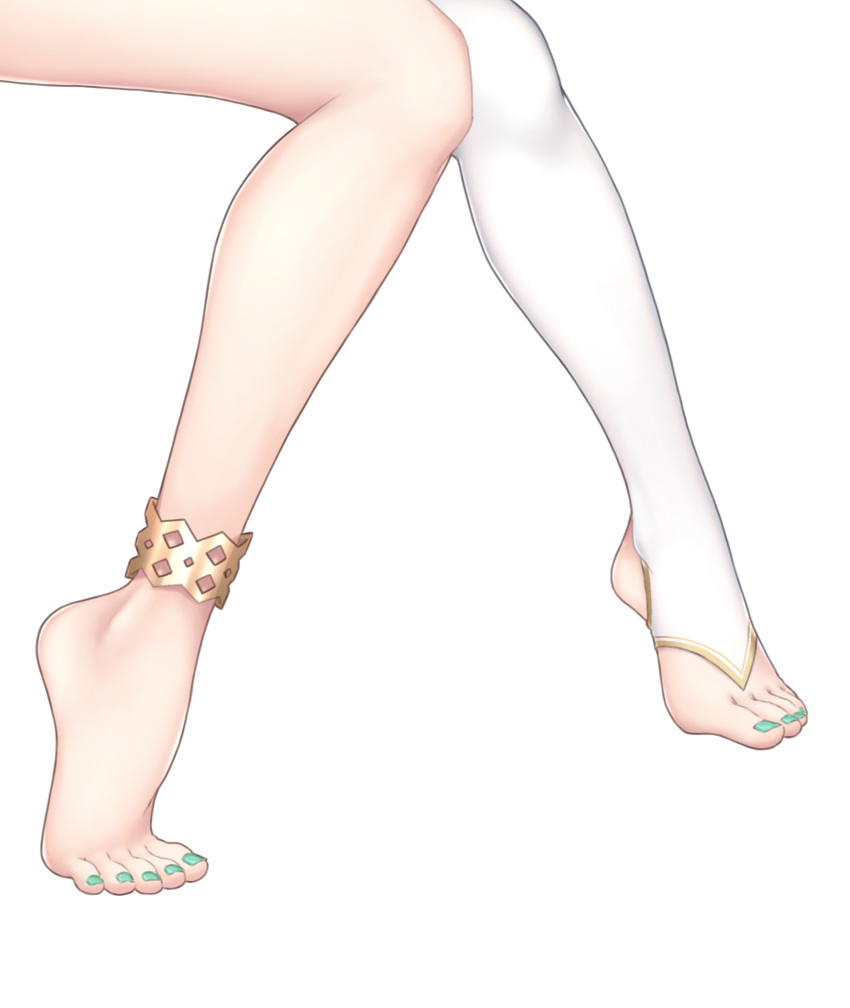 anklet barefoot ceres_fauna ceres_fauna_(1st_costume) commentary english_commentary feet female foot_focus green_nails highres hikigaya_0926 hololive hololive_english jewelry knees_together_feet_apart legs lower_body nail_polish no_shoes simple_background single_thighhigh solo stirrup_legwear thighhighs thighs toeless_legwear toenail_polish toenails toes virtual_youtuber white_background white_thighhighs