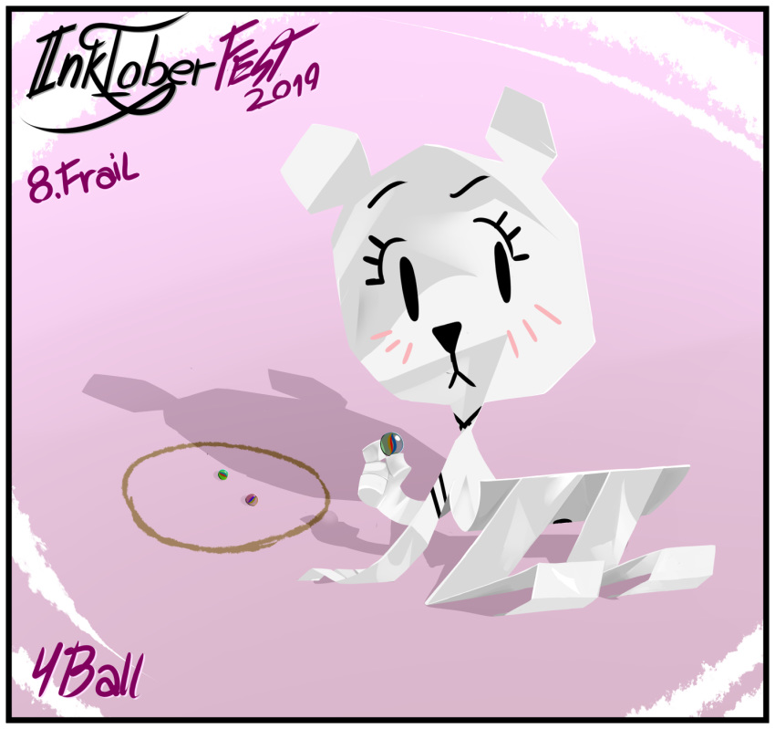 2019 anthro bear blush border cartoon_network clothed clothing english_text eyelashes female fourball hi_res holding_object kneeling looking_back mammal marble on_model paper paper_creature pink_background simple_background solo teri_(tawog) text the_amazing_world_of_gumball white_border young young_anthro