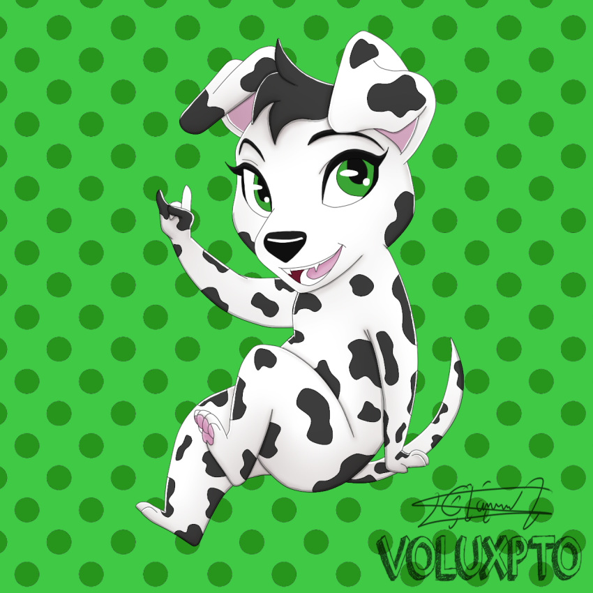 1:1 anthro black_body black_fur black_spots canid canine canis chibi dalmatian digital_media_(artwork) domestic_dog dorothy_(voluxpto) drawing female fur hi_res mammal markings presentation simple_background solo spots spotted_body spotted_fur voluxpto white_body white_fur