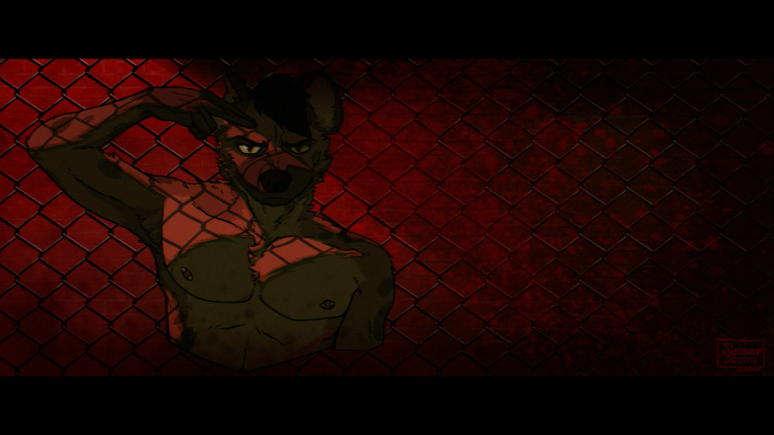 16:9 2020 anthro athletic barbell_piercing black_bars black_outline brown_body brown_fur cel_shading colored dark digital_media_(artwork) digital_painting_(artwork) fence fur hair half-length_portrait head_tuft hyena letterbox looking_at_viewer male mammal markings nipple_barbell nipple_piercing nipples notched_ear outline piercing portrait red_background shaded shirtless simple_background sinser solo spots spotted_body spotted_fur spotted_hyena spotted_markings standing tuft widescreen yellow_eyes