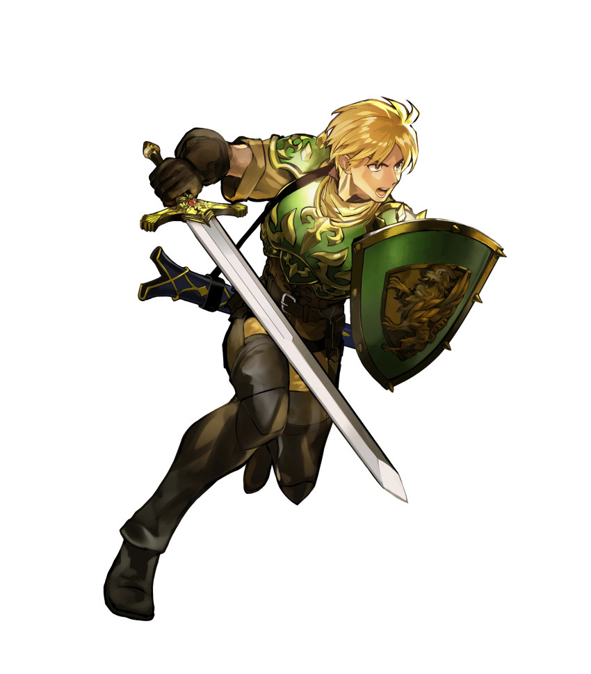 1boy akira_(kaned_fools) armor astram_(fire_emblem) belt blonde_hair boots brown_eyes fire_emblem fire_emblem:_mystery_of_the_emblem fire_emblem_heroes full_body gloves highres male_focus mercurius_(fire_emblem) official_art open_mouth shield solo sword teeth transparent_background weapon