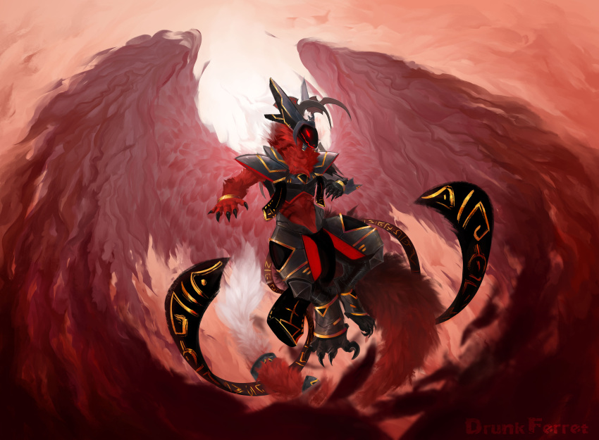 absurd_res anthro armor big_tail detailed_background drunk_ferret fluffy fluffy_tail gold_(metal) hi_res machine male metal metallic_body primagen protogen red_body red_wings rune runes sky solo tail wings