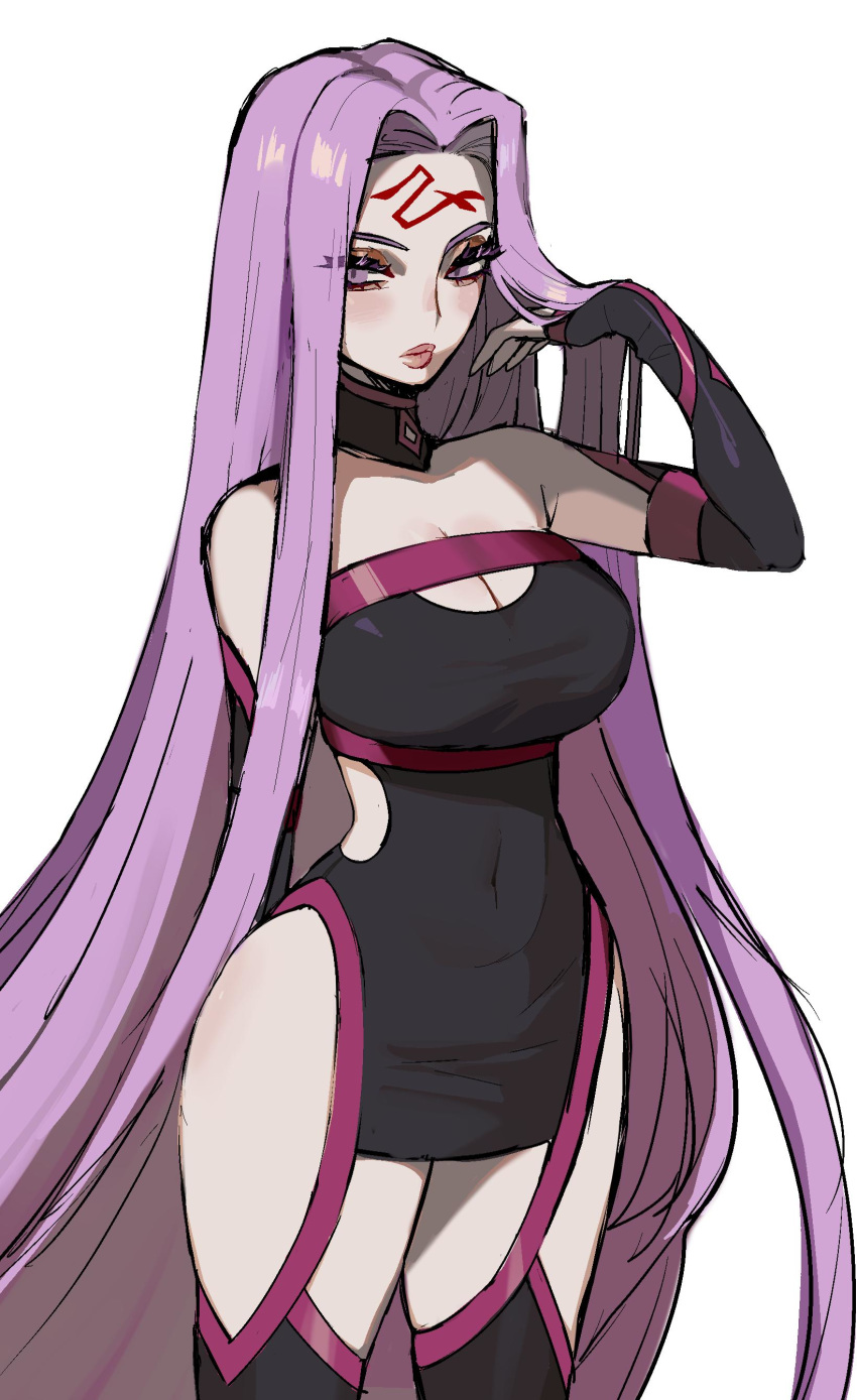 absurdres bare_shoulders breasts cleavage cleavage_cutout clothing_cutout commentary covered_navel cowboy_shot ennuigrl facial_mark fate/grand_order fate/stay_night fate_(series) female forehead_mark hand_up highres long_hair medusa_(fate) medusa_(rider)_(fate) medusa_(rider)_(third_ascension)_(fate) purple_eyes purple_hair simple_background solo strapless very_long_hair white_background