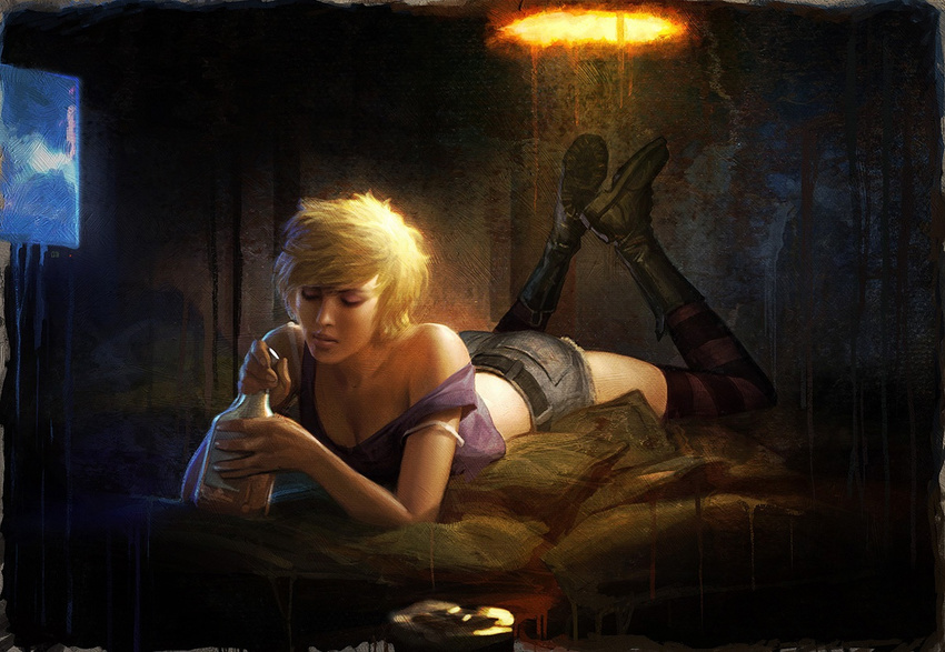 artist_request blonde_hair boots bottle breasts cleavage dahlia_mason female lying medium_breasts official_art on_bed on_stomach realistic short_hair shorts silent_hill:_shattered_memories silent_hill_(series) solo striped_clothes striped_thighhighs thighhighs