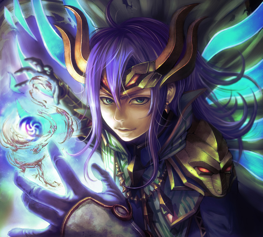 1boy armor bad_id bad_pixiv_id earrings energy_ball gloves green_eyes horns jewelry loki_(p&d) long_hair looking_at_viewer male_focus necklace photoshop_(medium) purple_hair puzzle_&_dragons shoichi_(ekakijin) solo