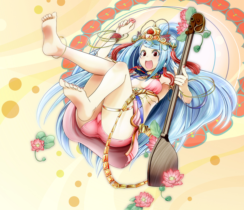 bad_id bad_pixiv_id barefoot blue_hair breasts cleavage feet female flower happy headdress highres instrument lakshmi_(lord_of_vermilion) long_hair lord_of_vermilion lute_(instrument) nail_polish panties pantyshot photoshop_(medium) pink_panties red_hair small_breasts solo takechi_akinobu toes underwear very_long_hair