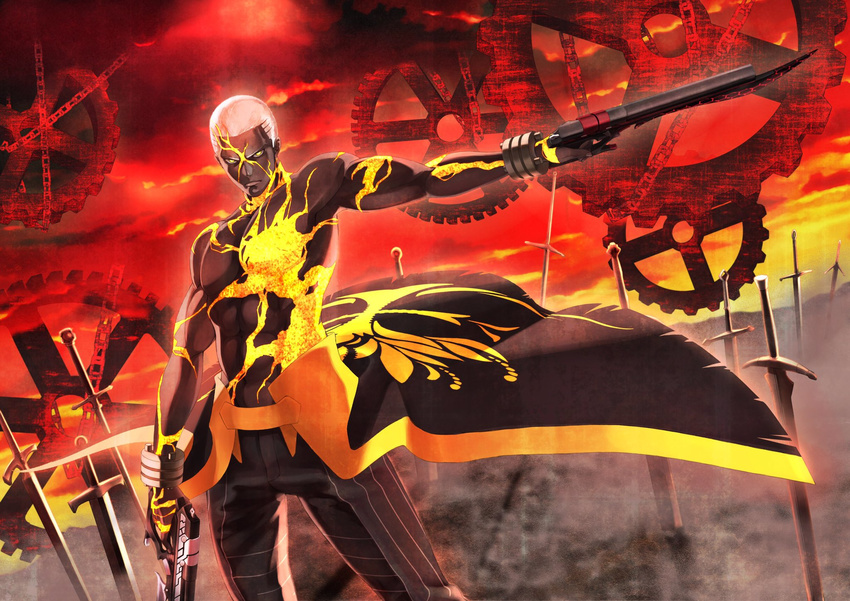 1boy akamiso_(k074510) black_pants buzz_cut commentary_request dark-skinned_male dark_skin dual_wielding emiya_alter emiya_alter_(third_ascension)_(fate) fate/grand_order fate_(series) gears gun highres holding holding_gun holding_weapon kintsugi lips looking_at_viewer male_focus pants serious short_hair solo sword topless_male unlimited_blade_works_(fate) very_dark_skin very_short_hair waist_cape weapon white_hair yellow_eyes