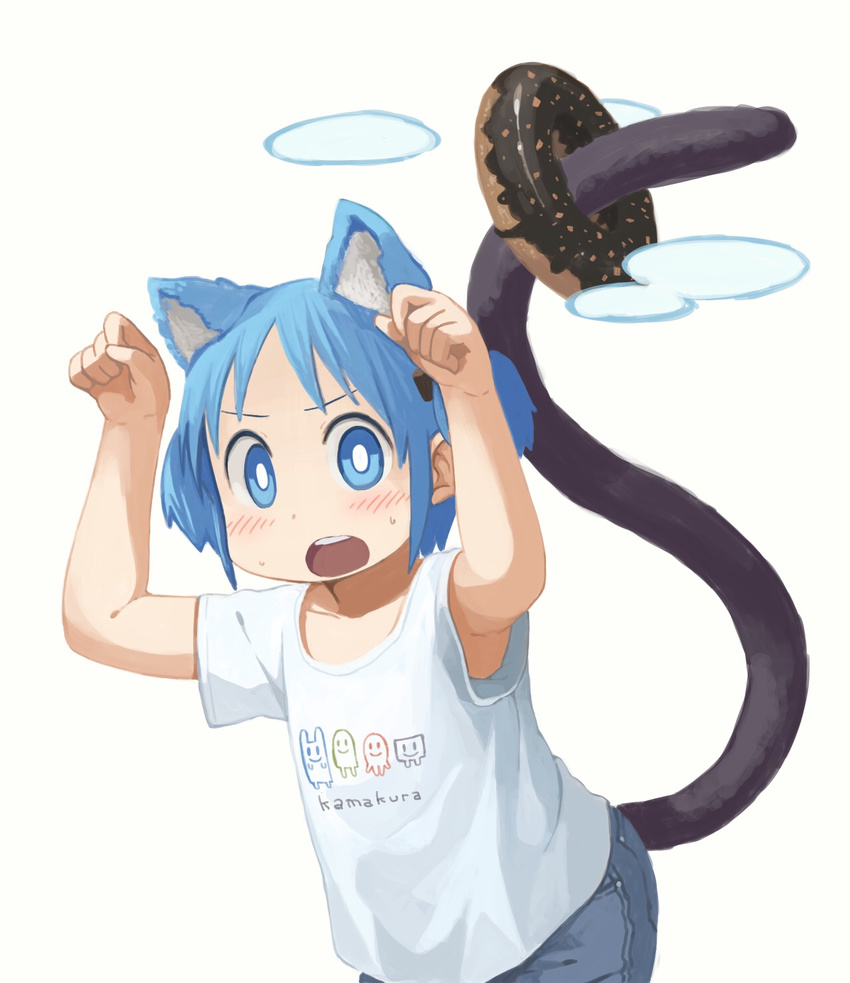 animal_ears blue_eyes blue_hair blush cat_ears cat_tail commentary_request cube_hair_ornament denim doughnut female food food_on_tail hair_ornament highres hyadain_no_joujou_yuujou naganohara_mio nichijou nishimura_(prism_engine) open_mouth paw_pose shirt short_hair short_twintails solo tail twintails upper_body