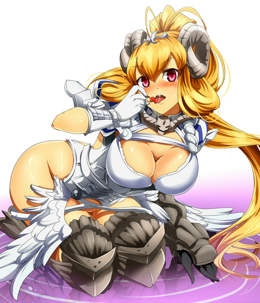 blonde_hair breasts cherry cleavage commentary_request demon_girl female food fruit gloves highres horns huge_breasts long_hair looking_at_viewer lucifer_(the_seven_deadly_sins) magukappu red_eyes seiza sitting solo the_seven_deadly_sins tongue