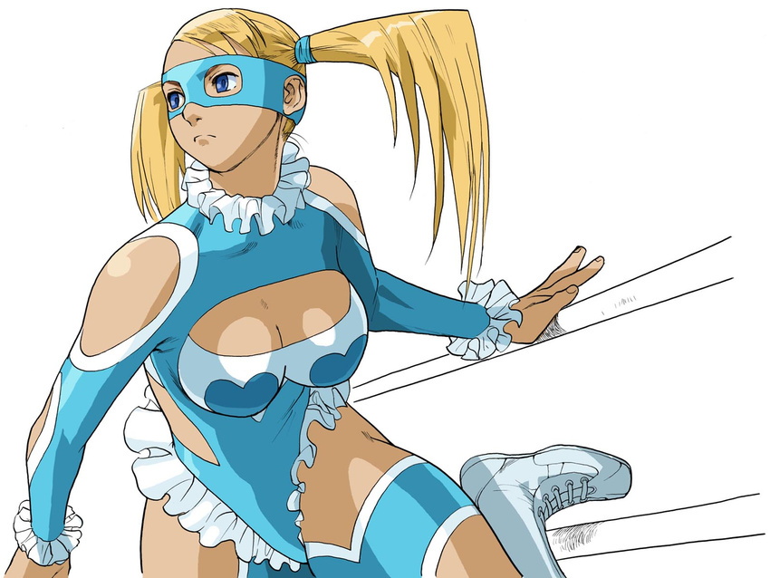 bare_shoulders bengus blonde_hair blue_eyes boots breasts capcom cleavage female female heart heart highres large_breasts mask official_art rainbow_mika short_twintails solo street_fighter street_fighter_alpha street_fighter_alpha_3 street_fighter_zero street_fighter_zero_3 street_fighter_zero_iii twintails twintails white_background wrestler