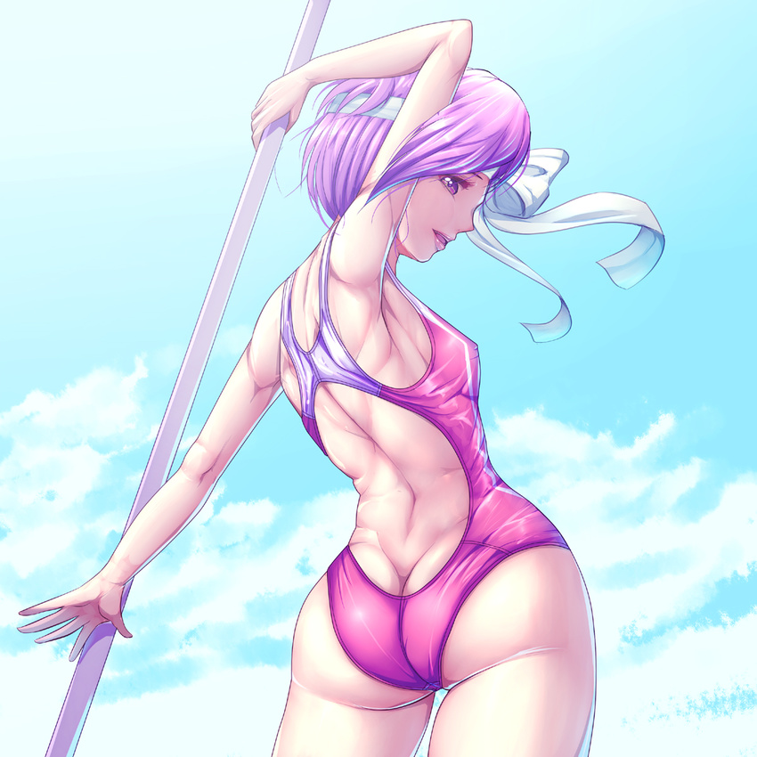 ass bare_shoulders breasts cecil_(fire_emblem) commentary_request competition_swimsuit female fire_emblem fire_emblem:_mystery_of_the_emblem harihisa looking_back one-piece_swimsuit photoshop_(medium) purple_eyes purple_hair racerback short_hair small_breasts smile solo swimsuit