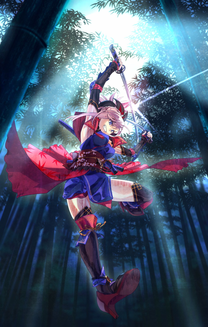 akamiso_(k074510) arm_up armpits black_gloves black_thighhighs blue_eyes breasts commentary dual_wielding elbow_gloves fate/grand_order fate_(series) female fingerless_gloves forest gloves grin high_heels highres holding holding_sword holding_weapon katana medium_breasts miyamoto_musashi_(fate) miyamoto_musashi_(second_ascension)_(fate) nature pink_hair ponytail smile solo sword teeth thighhighs weapon