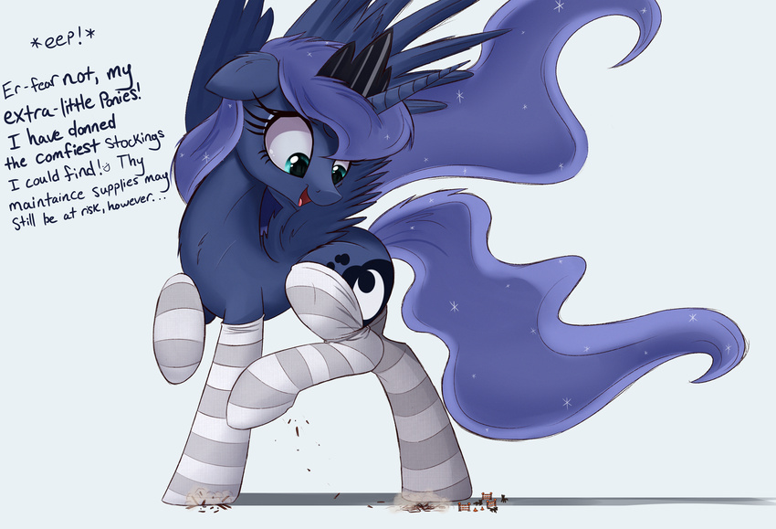 2016 alicorn blue_eyes blue_hair clothing command crown cutie_mark describing_another describing_size dialogue eep english_text equid equine feathered_wings feathers female feral footwear friendship_is_magic group hair hasbro headgear hi_res horn legwear macro mammal my_little_pony mythological_creature mythological_equine mythology ncmares princess_luna_(mlp) reassuring silhouette simple_background socks solo_focus sparkles species_in_dialogue talking_to_another text wings