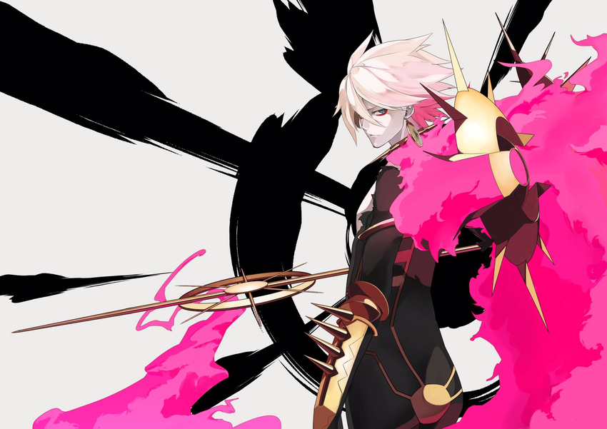 1boy akamiso_(k074510) aqua_eyes ass back bishounen commentary_request earrings eyeshadow fate/extra fate/extra_ccc fate_(series) highres jewelry karna_(fate) looking_at_viewer makeup male_focus pale_skin pink_hair red_eyeshadow solo vasavi_shakti_(fate)