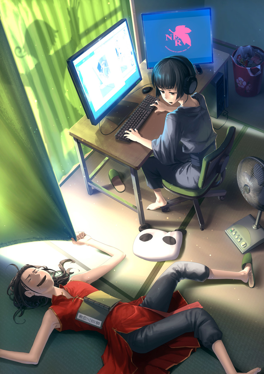 2boys axis_powers_hetalia bad_id bad_pixiv_id barefoot book china_(hetalia) chinese_clothes computer curtains drooling from_above hand_fan headphones highres japan_(hetalia) korea_(hetalia) long_hair multiple_boys neon_genesis_evangelion nerv photoshop_(medium) pillow silhouette slippers trash_can yuanmaru