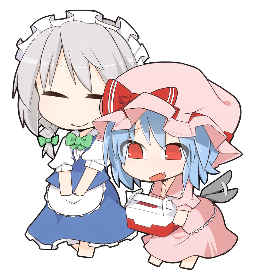 2girls :d ^_^ apron bat_wings blue_dress bow box chibi closed_eyes commentary_request dress flapping full_body hat hat_bow highres izayoi_sakuya ladfa maid maid_headdress mob_cap multiple_girls oerba_yun_fang open_mouth pink_dress puffy_short_sleeves puffy_sleeves remilia_scarlet shirt short_sleeves skirt skirt_set smile touhou transparent_background vest waist_apron wings