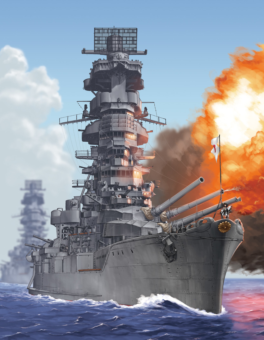 battleship brown_hair cannon commentary_request emblem female firing henshako highres historical_name_connection imperial_japanese_navy japanese_flag kantai_collection kikumon kongou_(battleship) kongou_(kancolle) military military_vehicle name_connection object_namesake ocean photoshop_(medium) ship solo turret warship watercraft world_war_ii