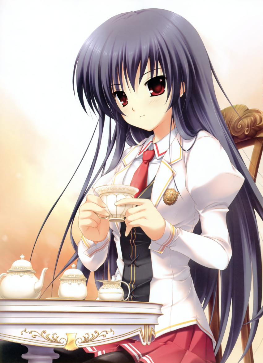 absurdres black_hair cup female highres kiss_to_lord_to_darjeeling kuyou_sarasa long_hair mikeou necktie pantyhose red_hair school_uniform sitting solo table tea_set teacup teapot