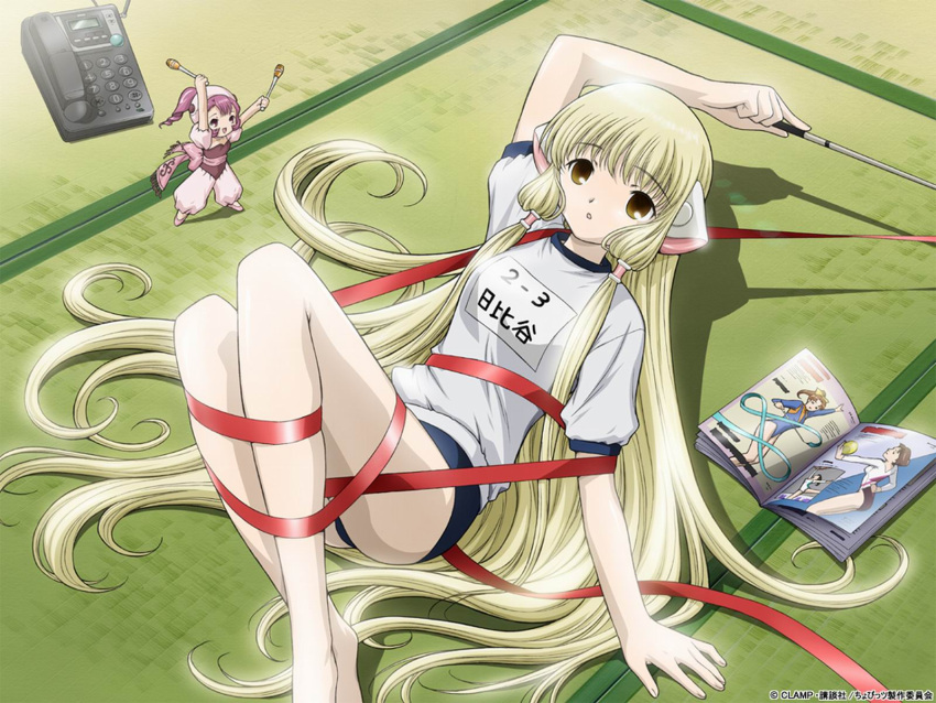 2girls android bare_legs barefoot blonde_hair brown_eyes buruma chii chobits cordless_phone entangled gym_uniform gymnastics_ribbon highres imageboard_desourced jpeg_artifacts kimura_masahiro long_hair lying mini_person minigirl multiple_girls name_tag non-web_source official_art on_back phone red_ribbon resized ribbon robot_ears scan sumomo_(chobits) tatami upscaled very_long_hair watermark