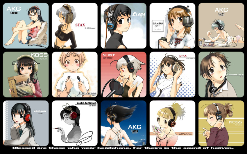 6+girls akg akg_k-series_headphones ashidavox audio-technica collage earbuds earphones earphones_removed elega etymotic_research grado_labs headphone_+_musume headphones headphones_around_neck highres koss multiple_girls ootsuka_mahiro original sansui sennheiser sony stax