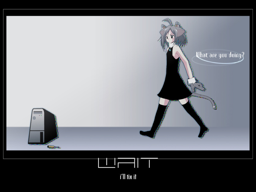 animal_ears black_dress border cat_ears computer computer_tower copyright_request dress female fk696 gloves gradient_background grey_hair screwdriver simple_background solo tail thighhighs walking zettai_ryouiki