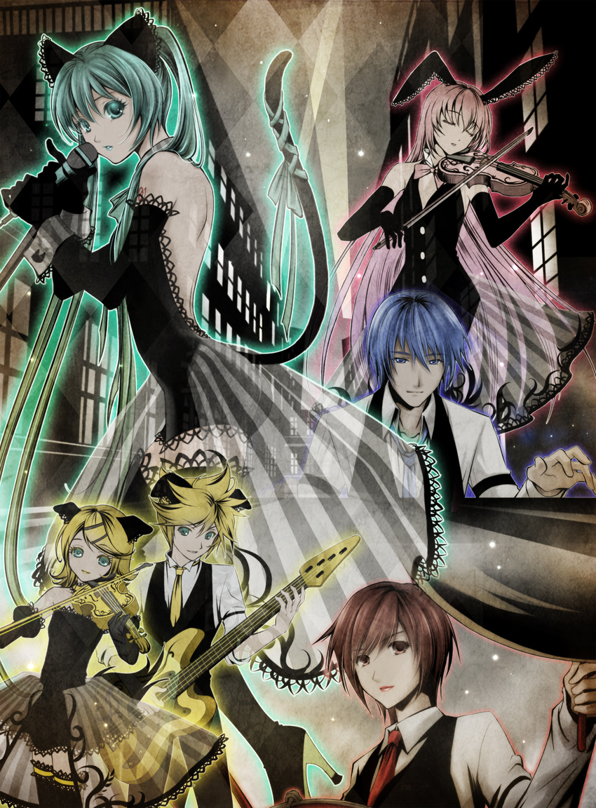 2boys 4girls absurdres animal_ears aqua_eyes aqua_hair blonde_hair blue_eyes blue_hair bow bowtie brown_eyes brown_hair cat_ears cat_tail choker closed_eyes commentary_request dog_ears dog_tail dress elbow_gloves formal gloves guitar hatsune_miku high_heels highres instrument itto_maru kagamine_len kagamine_rin kaito_(vocaloid) lipstick long_hair makeup md5_mismatch megurine_luka meiko_(vocaloid) microphone microphone_stand multiple_boys multiple_girls necktie pink_hair rabbit_ears resolution_mismatch ribbon risky_game_(vocaloid) see-through shoes skirt source_smaller strapless strapless_dress tail thighhighs traditional_bowtie twintails very_long_hair violin vocaloid