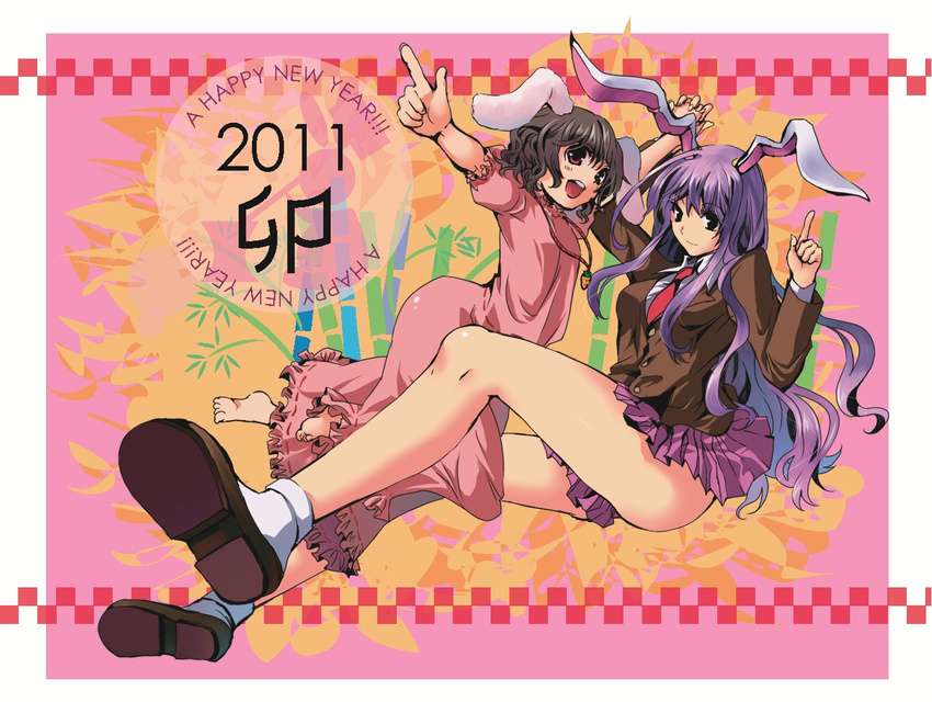 2011 2girls animal_ears ass bad_id bad_pixiv_id barefoot blazer brown_eyes brown_hair carrot dress inaba_tewi jacket jewelry kobanzame multiple_girls necktie new_year pendant rabbit_ears reisen_udongein_inaba touhou