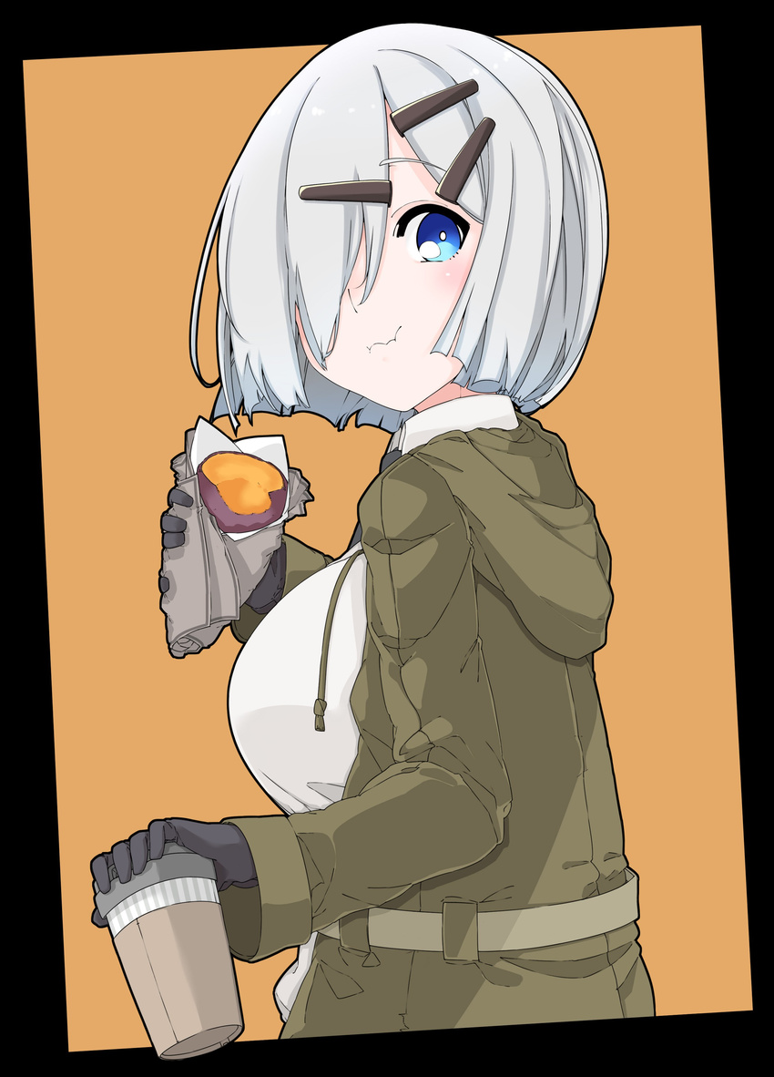 absurdres alternate_costume black_gloves blue_eyes breasts collared_shirt commentary_request cup disposable_coffee_cup disposable_cup eating female food gloves green_jacket grey_hair hair_ornament hair_over_one_eye hairclip hamakaze_(kancolle) highres holding holding_cup holding_food hood hood_down jacket kantai_collection kirishina_(raindrop-050928) large_breasts looking_at_viewer shirt short_hair solo sweet_potato upper_body wavy_mouth