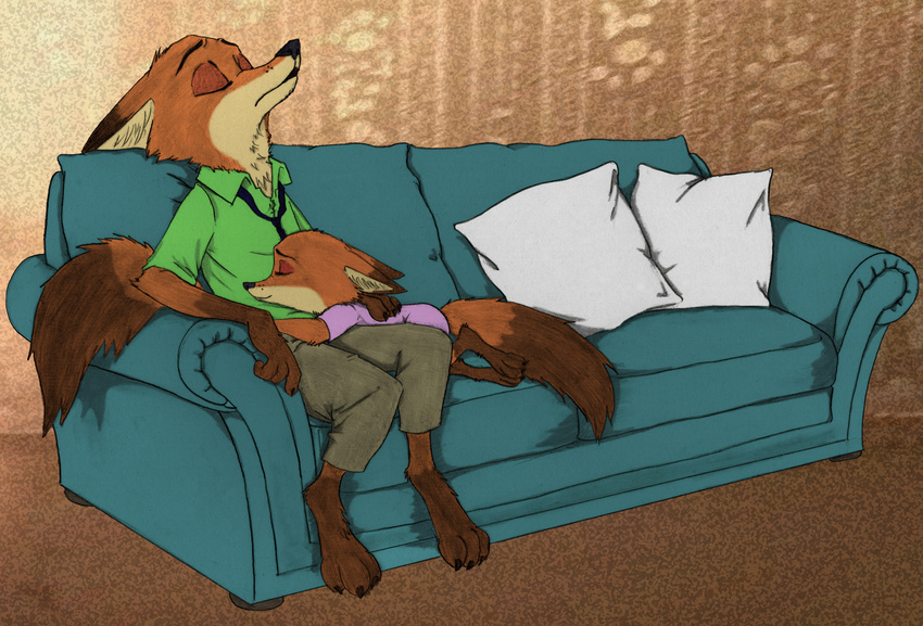 2016 absurd_res anthro barefoot black_nose canid canine claws closed_eyes clothed clothing cuddling dipstick_tail disney duo fan_character feet female fox fur furniture gloves_(marking) hand_behind_back hi_res inner_ear_fluff leg_markings luna_wilde_(crewefox) male mammal markings multicolored_tail necktie nick_wilde on_lap otakurec37 pillow red_body red_fox red_fur sleeping smile socks_(marking) sofa tail tail_markings toe_claws true_fox tuft young young_anthro ziegelzeig zootopia