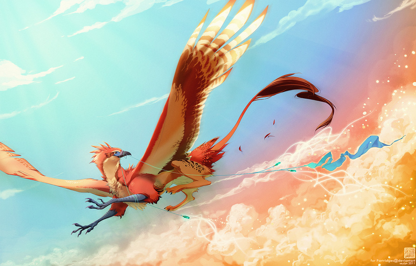 2011 ambiguous_gender avian beak claws cloud colorful_theme digital_media_(artwork) feathered_wings feathers feral flying gryphon magic mythological_avian mythological_creature mythology outside rainbow seylyn sky skyscape solo spread_wings tail tail_tuft toe_claws tuft wings