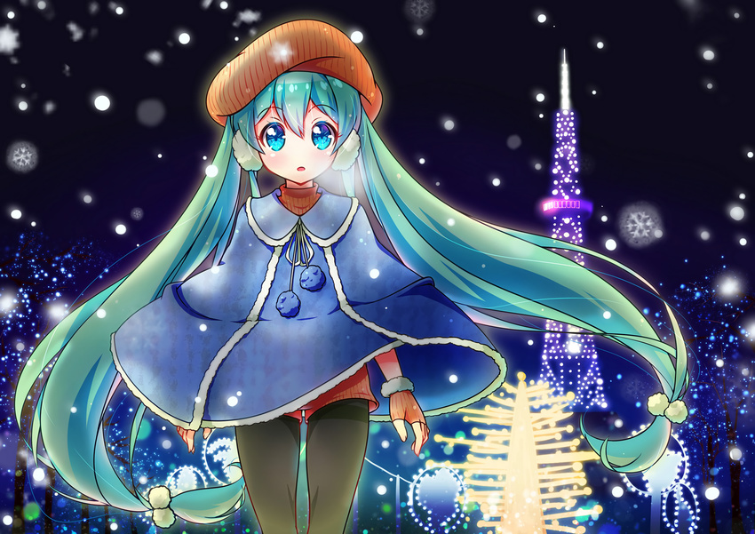 aqua_eyes aqua_hair fuusen_neko gloves hat hatsune_miku long_hair snow twintails vocaloid