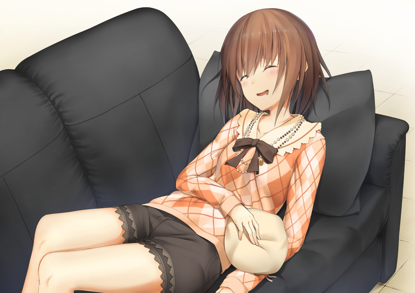 :d ^_^ brown_hair closed_eyes commentary_request couch drooling female hat hiraba_6018 idolmaster idolmaster_cinderella_girls kita_hinako lying on_couch open_mouth pillow plaid plaid_shirt shirt short_hair shorts sleeping smile solo unworn_hat unworn_headwear