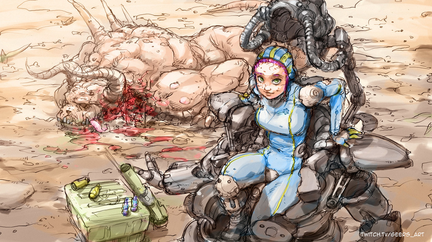 blood bodysuit breasts crotch_plate darren_geers death deathclaw fallout female forehead green_eyes guro knee_pads looking_at_viewer pink_hair power_armor solo_focus