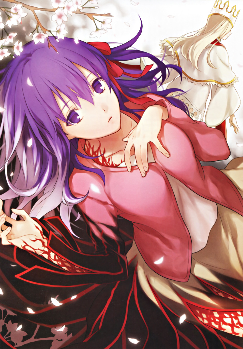 2girls absurdres artist_request capelet cardigan cherry_blossoms crown dark_persona dark_sakura dress_of_heaven fate/stay_night fate_(series) hair_ribbon highres illyasviel_von_einzbern long_hair looking_at_viewer matou_sakura multiple_girls petals purple_eyes purple_hair ribbon scan skirt transformation white_hair wide_sleeves