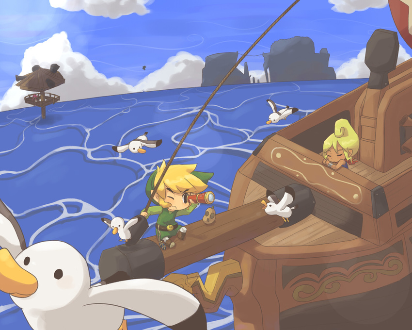 1boy bird blonde_hair boat cliff closed_eyes cloud commentary_request day female food fruit hat horizon island link lookout_platform ocean one_eye_closed outset_island pear seagull ship telescope tetra the_legend_of_zelda the_legend_of_zelda:_the_wind_waker toon_link tsutsuji watercraft wind