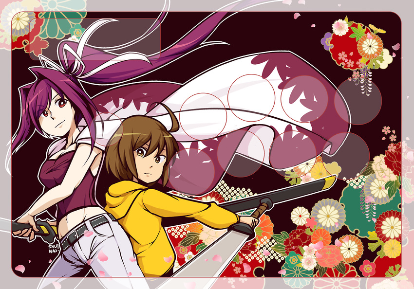 ahoge arcade_stick back-to-back battoujutsu_stance breasts brown_eyes brown_hair cape cherry_blossoms cleavage controller fighting_stance game_controller hair_intakes hair_ribbon hand_on_hip hood hood_down hoodie joelyn_lai joystick linne long_hair lyn_(shunao) multiple_girls nodachi ootachi ponytail purple_hair red_eyes reverse_grip ribbon shunao sword under_night_in-birth very_long_hair weapon yuzuriha_(under_night_in-birth)