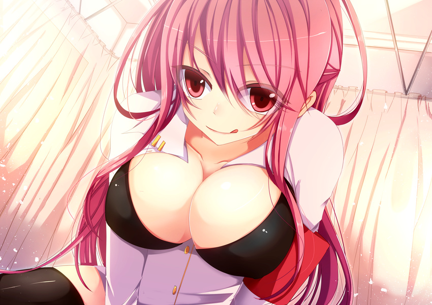 :q armband black_bra black_thighhighs bloodcatblack bra breasts breasts_out commentary_request female highres infirmary large_breasts long_hair looking_at_viewer original pink_hair pov red_eyes solo straddling thighhighs tongue tongue_out underwear