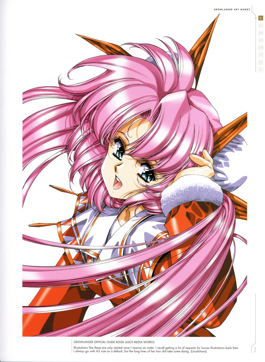 absurdres aqua_eyes bun_cover female fur_trim growlanser growlanser_i hair_ornament highres long_hair long_sleeves looking_at_viewer louise_fallsmyer official_art open_mouth pink_hair scan smile solo teeth upper_teeth_only urushihara_satoshi white_background