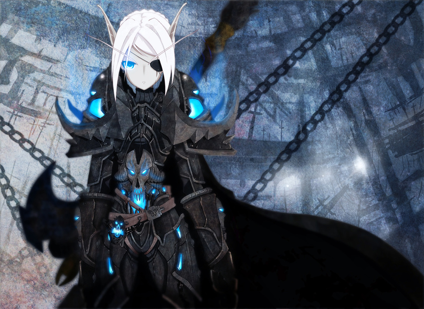 armor auer bad_id bad_pixiv_id blue_eyes cape chains death_knight_(warcraft) elf eyepatch female highres pale_skin photoshop_(medium) pointy_ears scar solo warcraft white_hair world_of_warcraft