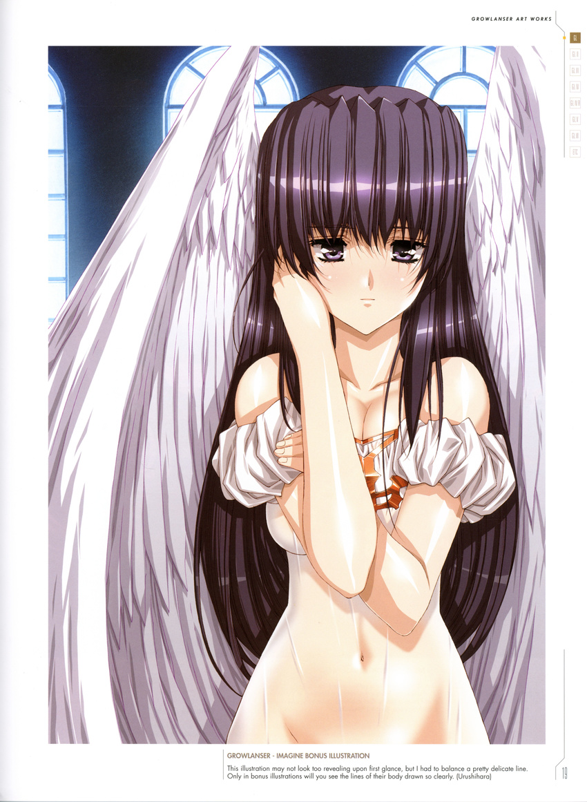 absurdres bare_shoulders black_hair blush breasts collarbone covered_navel dress feathered_wings female growlanser growlanser_i highres indoors long_hair looking_at_viewer medium_breasts melphie official_art puffy_sleeves purple_eyes scan see-through solo urushihara_satoshi window wings