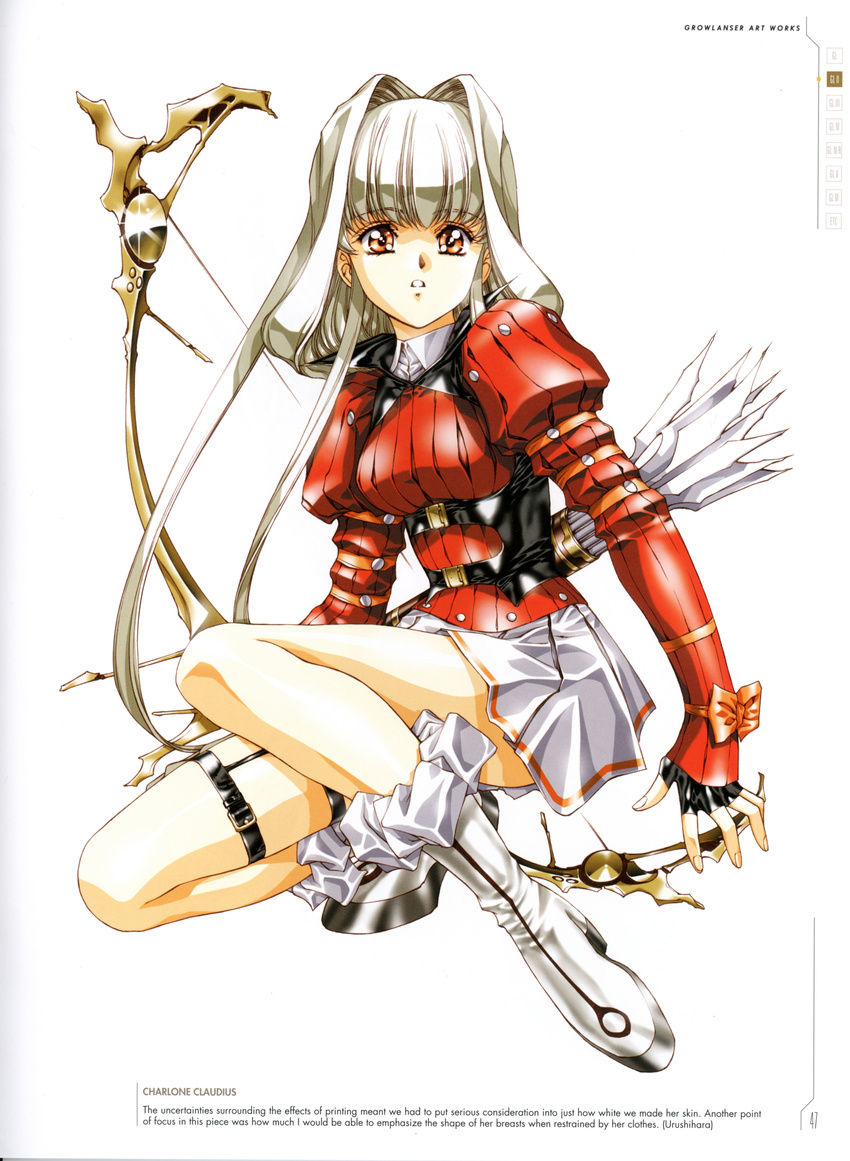 absurdres arrow_(projectile) boots bow_(weapon) breasts brown_eyes character_name charlone_claudius female fingerless_gloves full_body gloves growlanser growlanser_ii highres holding holding_weapon juliet_sleeves long_hair long_sleeves looking_away medium_breasts miniskirt official_art on_one_knee parted_lips pleated_skirt puffy_sleeves quiver scan silver_hair skirt solo turtleneck underbust urushihara_satoshi weapon white_footwear