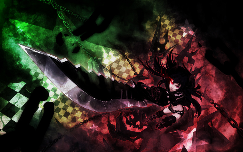 black_gold_saw black_rock_shooter chains horns red_eyes sword thighhighs un weapon