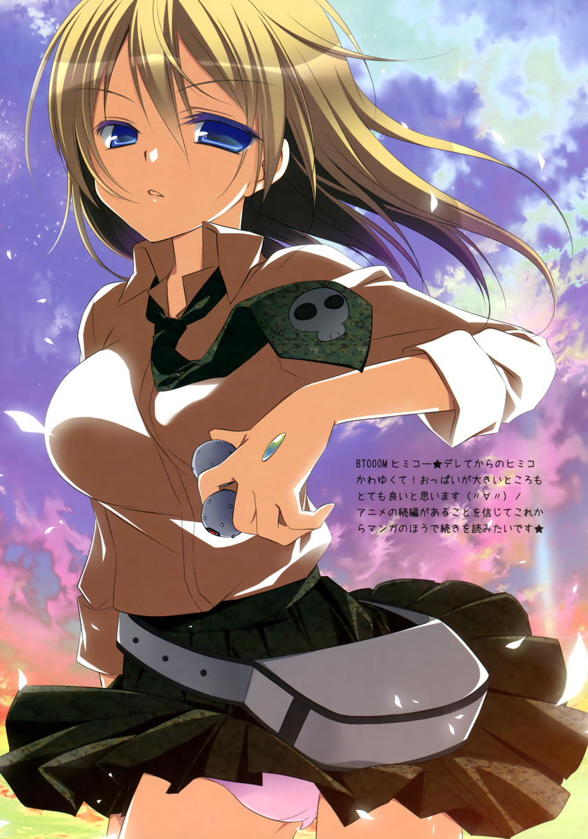 absurdres blonde_hair blue_eyes bomb btooom! clothes_lift commentary explosive female highres himiko_(btooom!) nanaka_mai necktie panties pink_panties skirt skirt_lift skull sleeves_rolled_up solo underwear waistpack