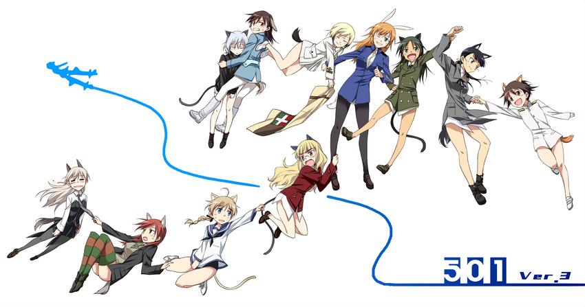 501st_joint_fighter_wing 6+girls agahari animal_ears black_pantyhose blood cat_ears cat_girl cat_tail charlotte_e._yeager charlotte_e._yeager_(cosplay) closed_eyes commentary_request cosplay costume_switch dog_ears dog_girl dog_tail eila_ilmatar_juutilainen eila_ilmatar_juutilainen_(cosplay) erica_hartmann erica_hartmann_(cosplay) everyone fangs fox_ears fox_girl fox_tail francesca_lucchini francesca_lucchini_(cosplay) gertrud_barkhorn gertrud_barkhorn_(cosplay) glasses highres lynette_bishop lynette_bishop_(cosplay) military military_uniform minna-dietlinde_wilcke minna-dietlinde_wilcke_(cosplay) miyafuji_yoshika miyafuji_yoshika_(cosplay) multiple_girls no_pants nosebleed one_eye_closed panties panties_under_pantyhose pantyhose perrine_h._clostermann perrine_h._clostermann_(cosplay) rabbit_ears rabbit_girl rabbit_tail sakamoto_mio sakamoto_mio_(cosplay) sanya_v._litvyak sanya_v._litvyak_(cosplay) school_uniform serafuku strike_witches tail thighhighs underwear uniform white_pantyhose wolf_ears wolf_girl wolf_tail world_witches_series