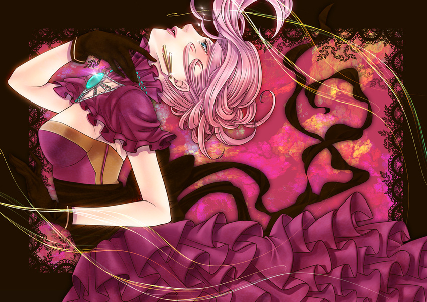 aqua_eyes dress female frills gloves kana_(mr_hahn) lips long_hair megurine_luka pink_hair solo vocaloid