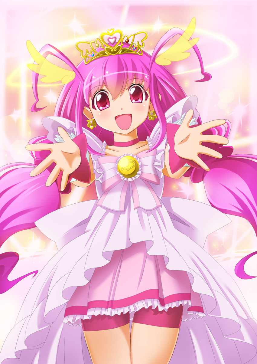 :d bad_id bad_pixiv_id banned_artist bike_shorts blush bow choker cure_happy dress halo head_wings highres hoshizora_miyuki long_hair magical_girl open_mouth outstretched_hand pink pink_bow pink_choker pink_eyes pink_hair pink_shorts pink_skirt precure princess_form_(smile_precure!) shin'en_(gyokuro_company) shorts shorts_under_skirt skirt smile smile_precure solo tiara twintails