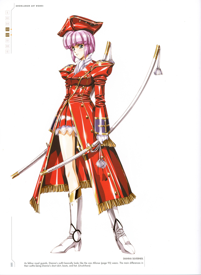 absurdres blue_eyes boots breasts character_name detached_sleeves diana_silverneil female full_body gloves growlanser growlanser_iv hat highres holding holding_sword holding_weapon knee_boots long_sleeves looking_at_viewer medium_breasts official_art pink_hair pleated_skirt puffy_sleeves scan short_hair skirt solo standing sword urushihara_satoshi weapon white_background white_footwear white_gloves